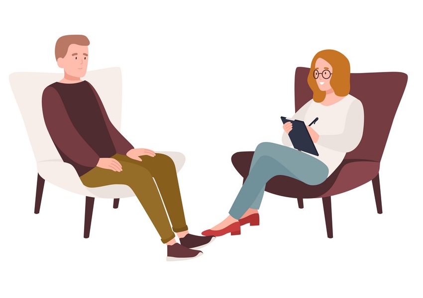 Male patient in armchair and female psychologist, psychoanalyst or psychotherapist sitting in front of him and talking. Psychotherapeutic session, psychiatric aid. Flat cartoon vector illustration.